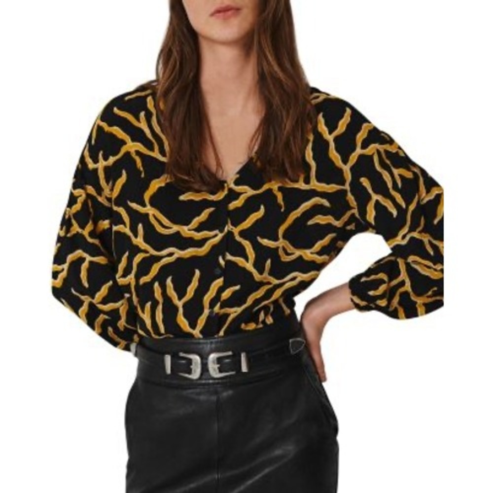 Ba&sh Clea Blouse Noir Black Yellow Abstract Print V-Neck Button Top Size 3 NWT